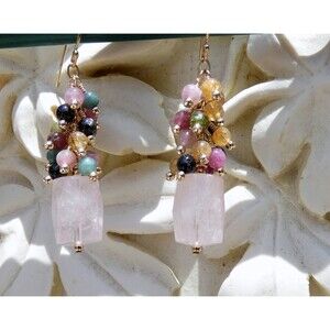 Bubble Gum Rose Quartz-Watermelon Tourmaline Gold Beaded Earrings FUN Pink